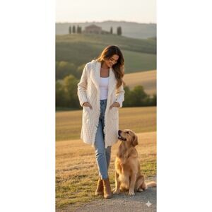 COCOGIO Italy Cream Mixed Knit Cardigan Sweater S Boho Fringe Coastal Wool Blend